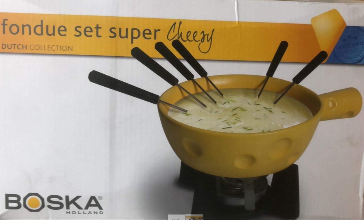 Bol.com Boska Fondueset Super Cheesy - Kaasvormige Fonduepan - Vaatwasserbestendig - Geel - 1,3 L aanbieding