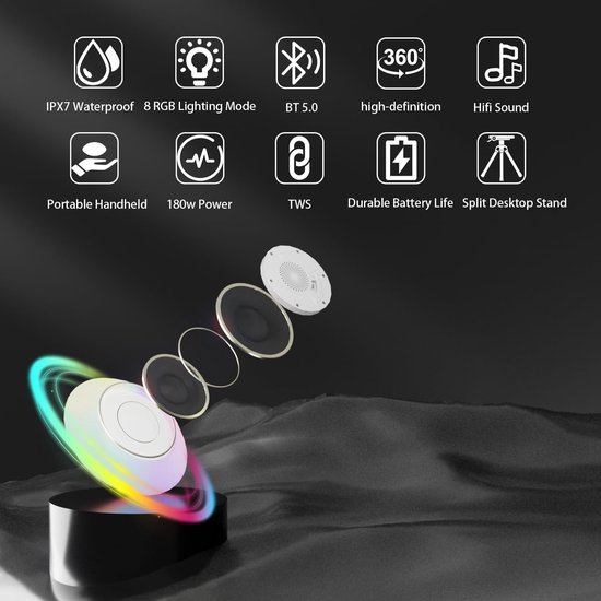 Bluetooth-speakers met kleurrijke verlichting - Draagbare, drijvende zwembadspeaker (IPX7-waterdicht) met 8 lichtmodi - Ingebouwde microfoon, HD-stereogeluid, handsfree en draadloos - Geschikt voor bubbelbad, douche en buitengebruik — afbeelding 5