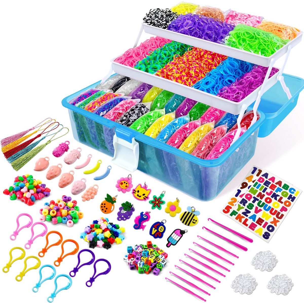 14500 Rubber Bands Armbandset, Kleurig Loom Bands Armbandset met 3-laags Opbergbak voor Meisjes Jongens (Blauw)