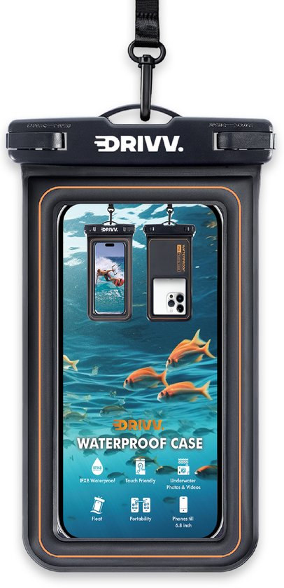 DRIVV. zwarte waterdichte telefoonhoes, drijvend, IPX8 waterdicht, touch-gevoelig, onderwater fotografie.