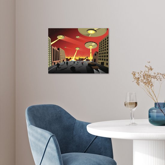 Poster 40x30 cm - Een illustratie van UFO's die een stad aanvallen - Jongens - Meisjes - Kinderen - Kind - Posters - Kamer decoratie - Wanddecoratie woonkamer - Muurdecoratie slaapkamer