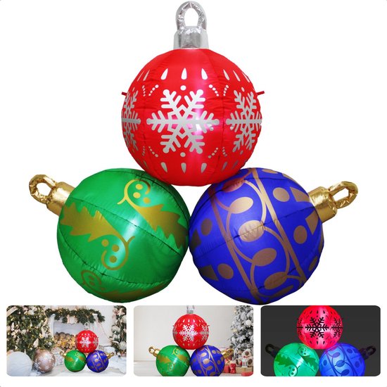 Boules de Noël gonflables: rouge avec flocons de neige blancs, verte avec ornements dorés, bleue avec ornements dorés. Collage avec différentes présentations.