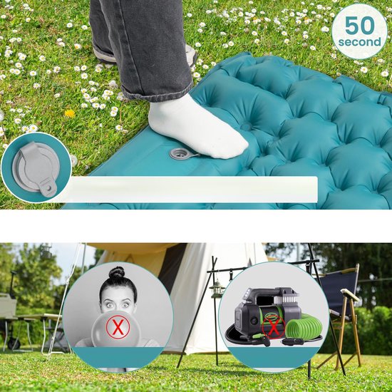 Luchtmatras Met Ingebouwde Voetpomp Waterdicht En Lekbestendig - 200x130x10cm 2 Personen - 40D Nylon En TPU Snel Op Te Blazen in 3 Minuten - Voor Wandelen Backpacken En Kamperen - Grijs & Pauwblauw — afbeelding 4