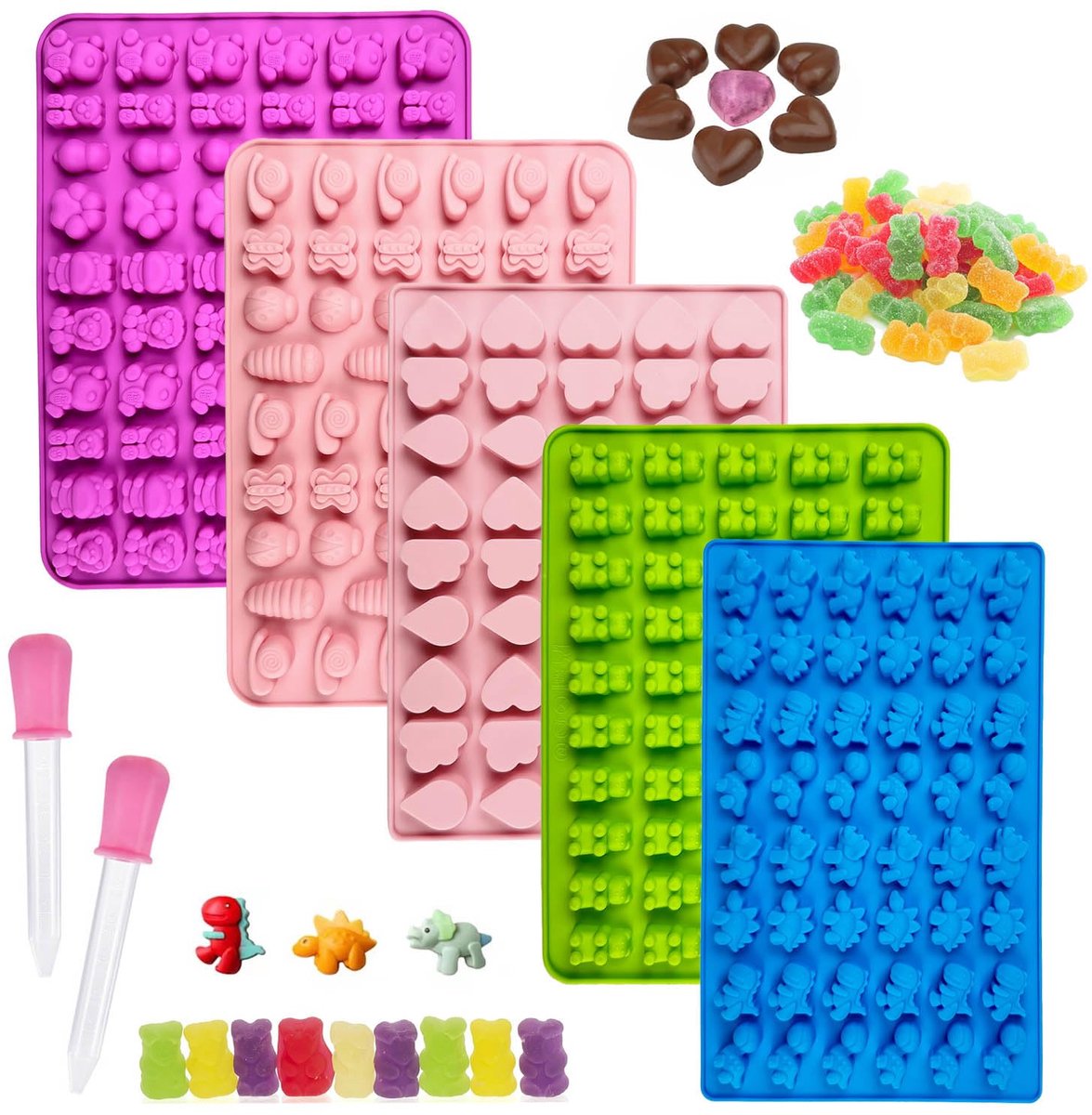 5 stuks gummibeertjes zelf maken met siliconen vorm, druppelaar en snoepvorm geschikt voor geleei, chocolade en fudge