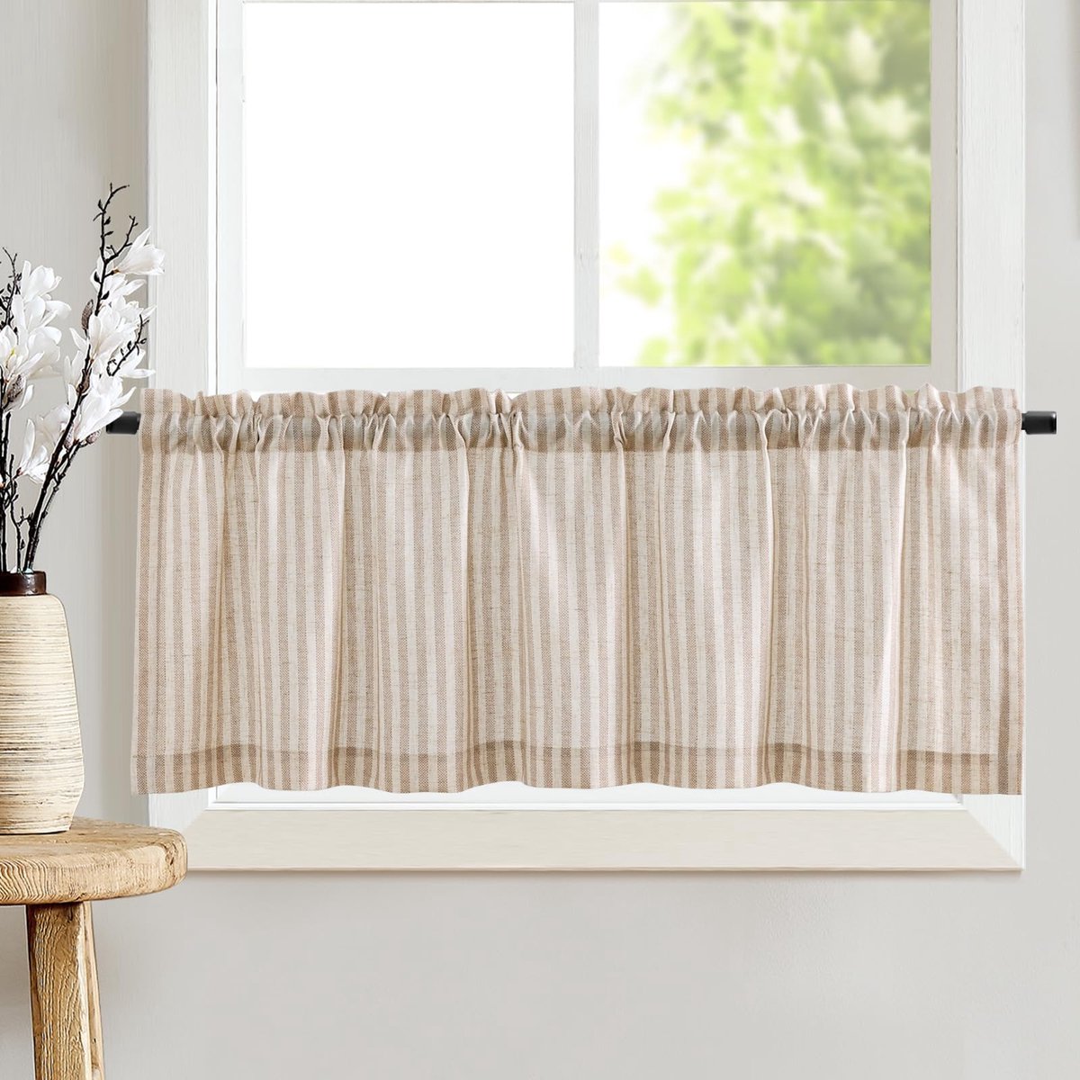 Vitrage, linnen, met strepen, 1 stuk, h 40 x b 125 cm, bruin, gestreept, keukengordijn, semi-doorschijnend, kort, keukengordijnen voor keuken, eetkamer, klein raam, bruin op beige