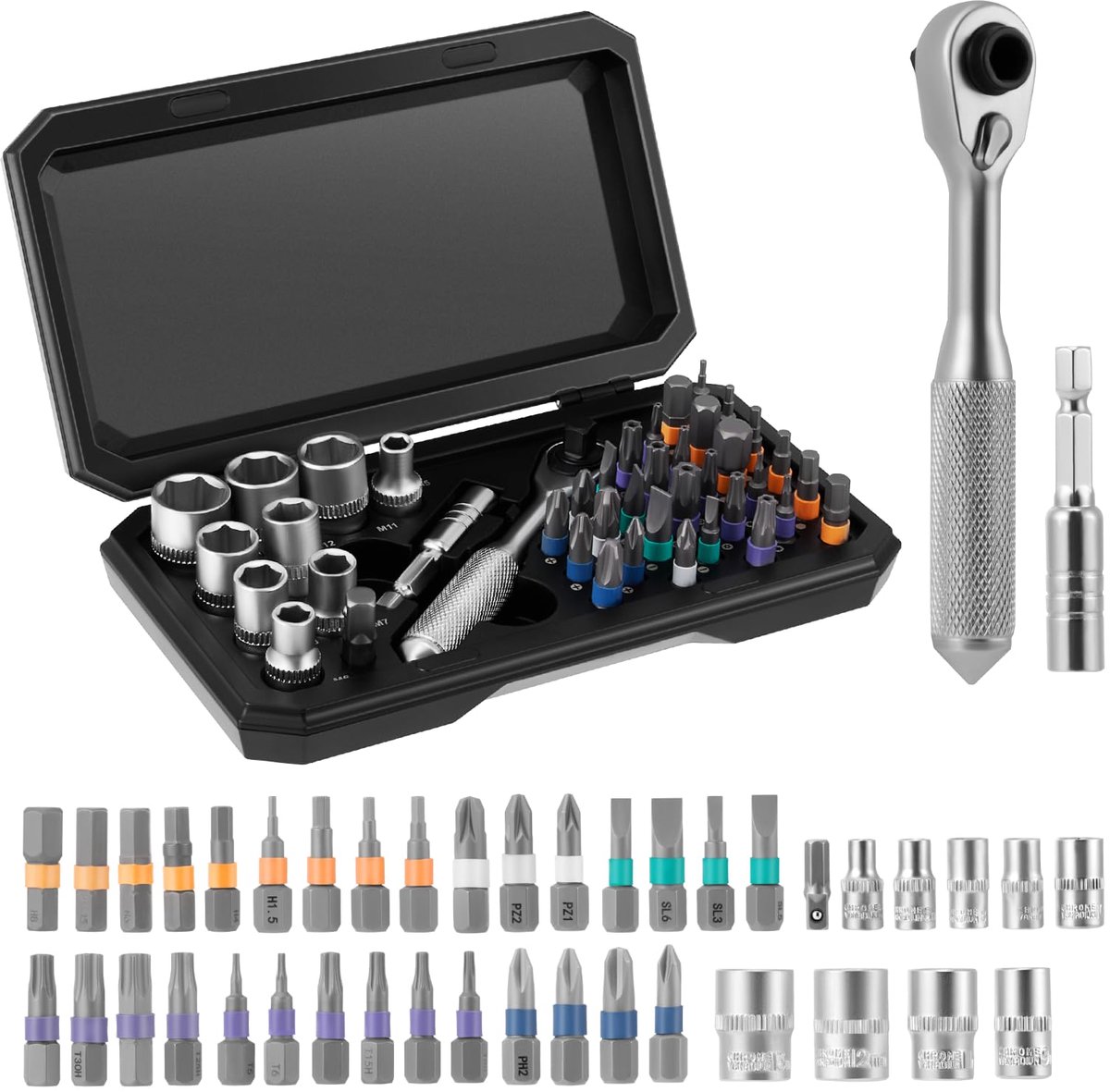 42-in-1 magnetische schroevendraaierset, ratelschroevendraaierset, met opbergkoffer, magnetische schroevendraaierset voor reparaties aan meubels, elektronica, doe-het-zelf (zwart)