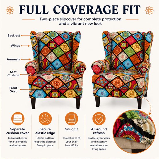Fauteuilhoes, stoelhoezen voor vleugelfauteuil, stoelbekleding, elastische stretch tijger stoelbekleding met armleuning, hoge rugleuning, universeel (Mandala) — afbeelding 3