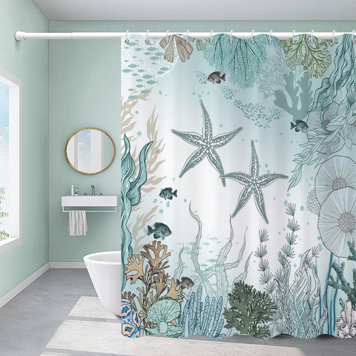 Douchegordijn, 180 x 200 cm, blauwgroen, nautische zeester, zeester, koraal, waterdichte en schimmelbestendige stof, badkamergordijn, machinewasbaar, met haakjes