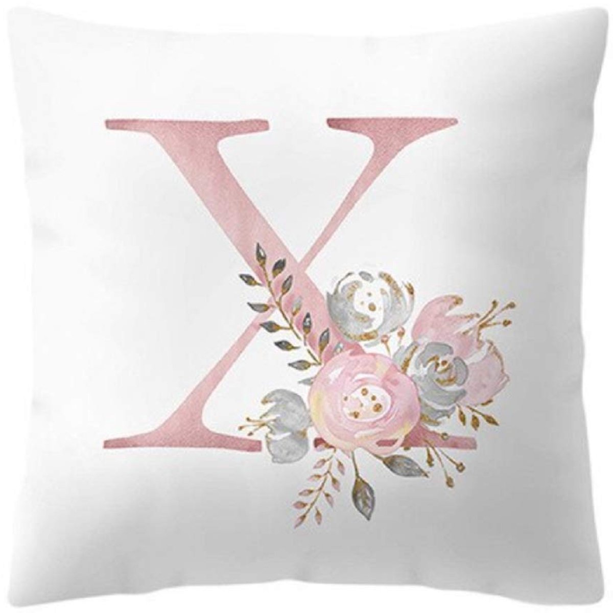 – 45 x 45 cm – letter X – initiaal – naam – alfabet – sierkussen – bank – bed – thuis – slaapkamer – rozen – bloemen – wit en roze