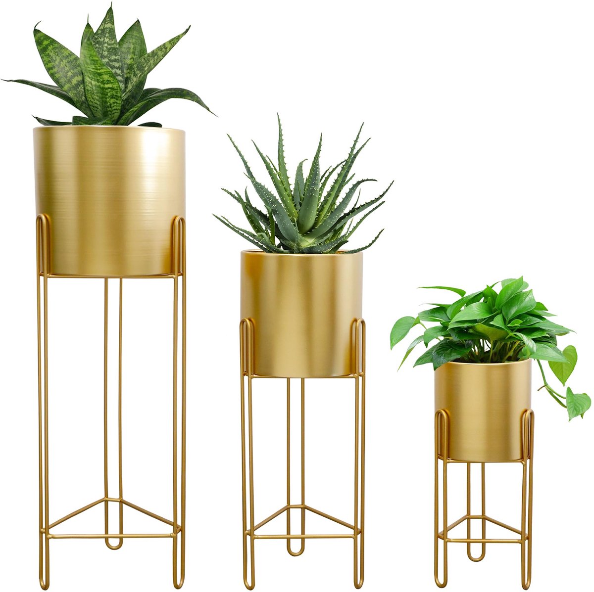 Set van 3 Moderne Bloempotten met Standaard voor Binnen en Buiten voor Woonkamer, Keuken, Tuin en Balkon (Goud)