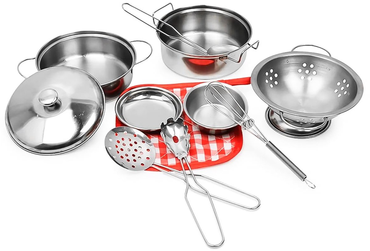 SnelShoppen - 11-delig Pannen en Potten Set met Opbergtas - RVS Kookset met Soepketel, Pan, Lepel en Chef Speelgoed voor Keuken Simulatie