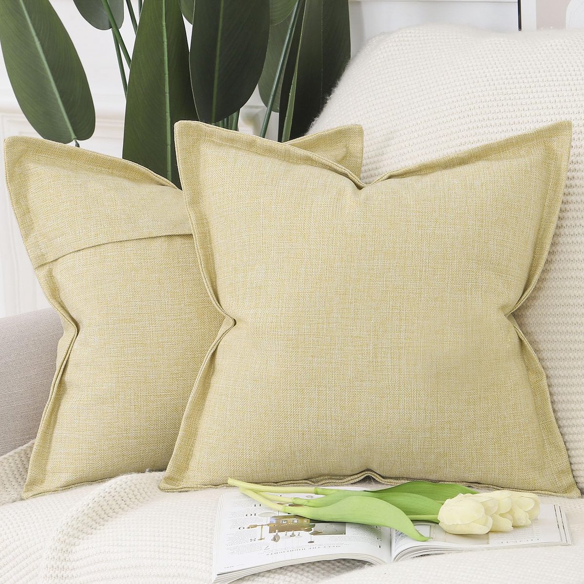 Set van 2 Imitatielinnen kussenslopen Met Brede Rand Zachte Decoratieve Kussenhoes Moderne Kussensloop voor Sofa Slaapkamer 50x50 cm Licht Geel