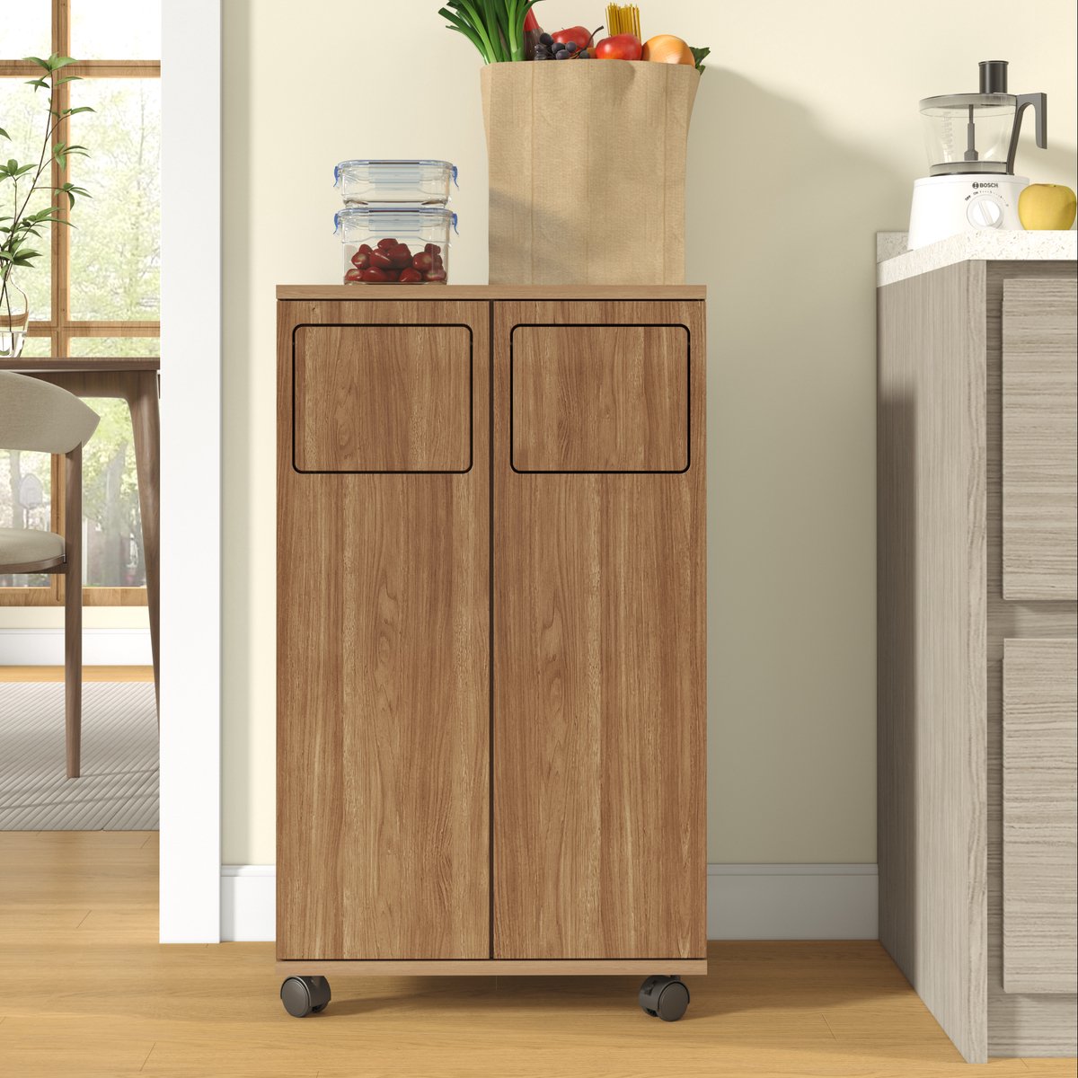 Clruro Afvalkast - 46.7 × 35 × 80 cm - 2-Vaks met 2 Deuren en Wielen - Eikenlook