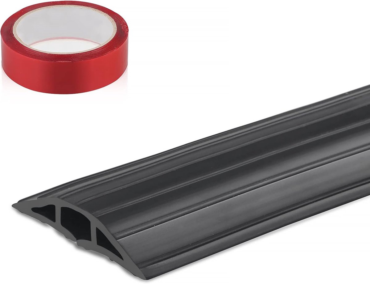 Bodemkabelbrug zwart, 400 cm x 6,4 cm, 3 kanalen, bodem kabelafdekking van rubber, met 2 stuks 500 x 3 cm plakband, dubbelzijdig