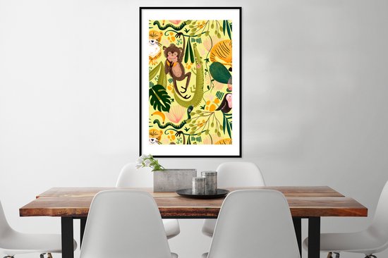 Poster in lijst - Fotolijst 60x90 cm - Posters - Jungle - Planten - Dieren - Geel - Posterlijst zwart - Decoratie - Wanddecoratie woonkamer - Muurdecoratie slaapkamer