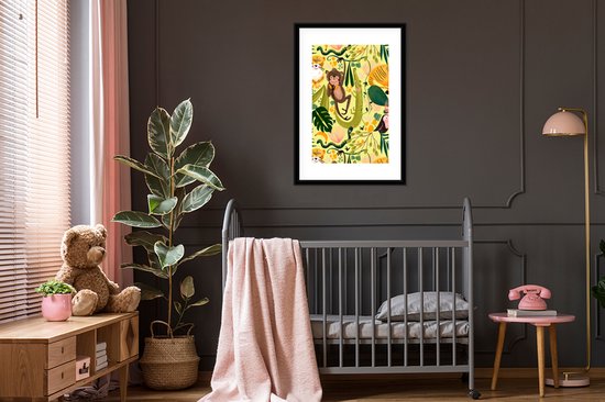 Poster in lijst - Fotolijst 60x90 cm - Posters - Jungle - Planten - Dieren - Geel - Posterlijst zwart - Decoratie - Wanddecoratie woonkamer - Muurdecoratie slaapkamer