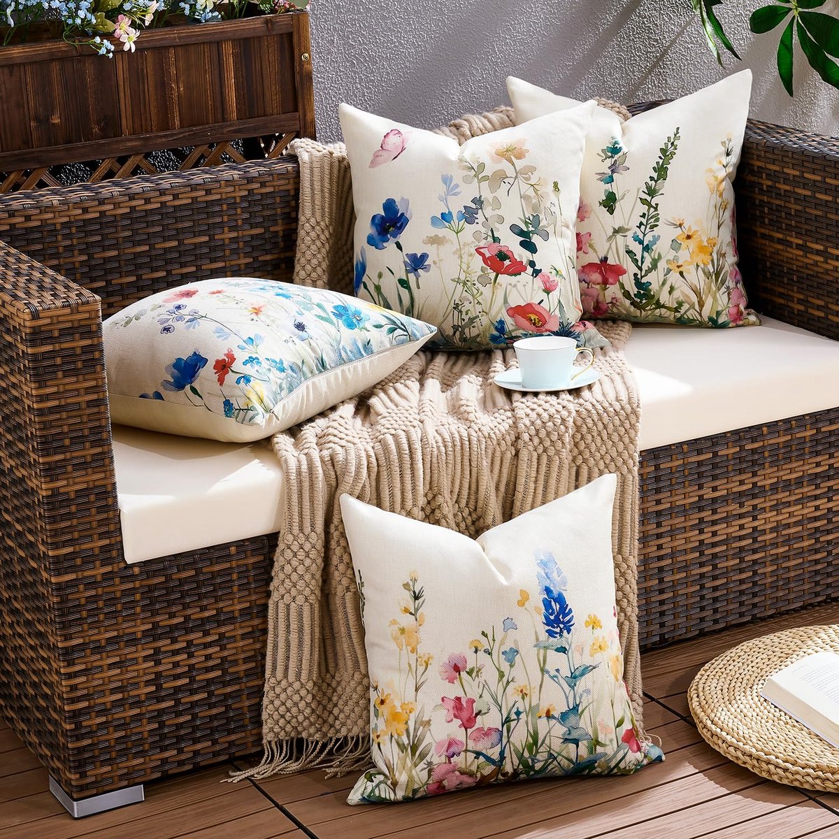 Set van 4 waterdichte kussenhoezen met bloemenpatroon en bedrukt bloemenmotief voor slaapkamer, patio, tuin, balkon, bank 45 x 45 cm