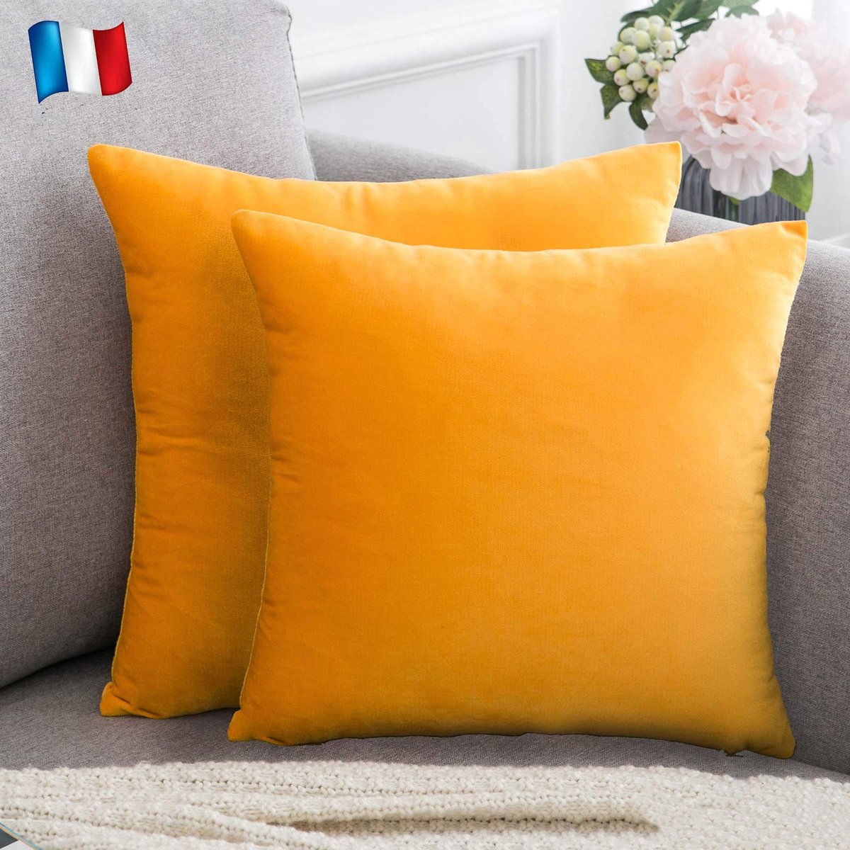 Set van 2 fluwelen kussenhoezen 40x40 Mosterdgeel Oranje zachte en solide, vierkante decoratieve kussensloop voor sofa slaapkamer woonkamer (2 Mosterdgeel Oranje)