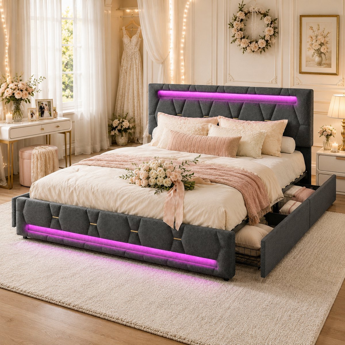 Tweepersoonsbed 140x200cm, Gestoffeerd met ledverlichting en usb-oplaadpunt, volwassenenbed met 4 lades, opbergbed met lattenbodem, verstelbaar hoofdeinde, linnen Grijs