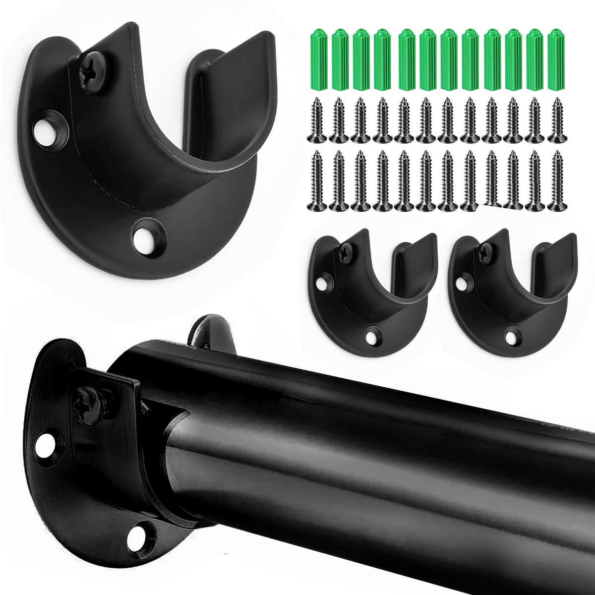 4 Stuks Beugel voor de garderobe, Ronde buishouder, U-vormige gordijnstaaf beugel, Roestvrij Staal U-Shaped Closet Pole Sockets, voor keukens, balkons, badkamers, kasten, ramen(32mm, Zwart).