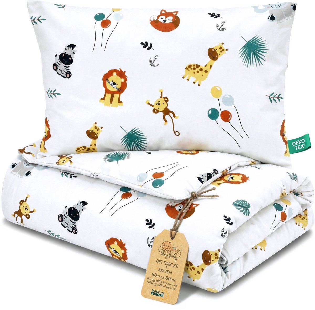 Kinder dekbed zonder hoes 80x80 cm - Katoenen baby deken en kussen set kinderdeken 80 x 80 en kussen 40 x 35 - Dekbedden kinderdekbed voor babybed Oeko-Tex Safari
