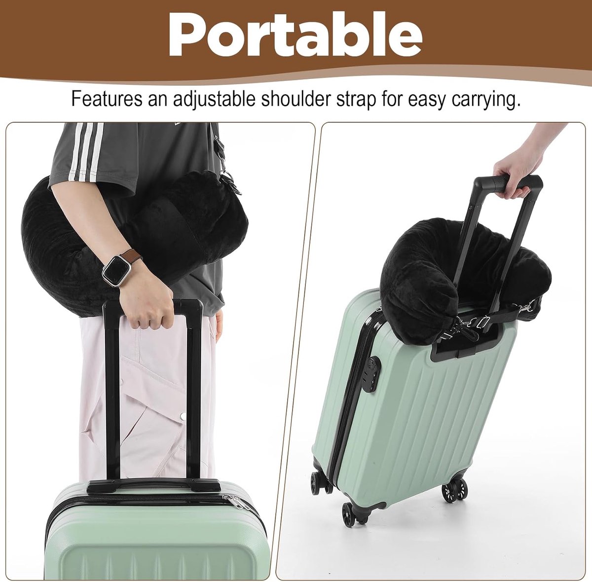 Vulbaar reizen nekkussen fluwelen vulbaar kussen voor extra bagage verstelbare nekmaat, draagbare reisbenodigdheden multifunctionele slaapsteun Cush 70x19cm, zwart
