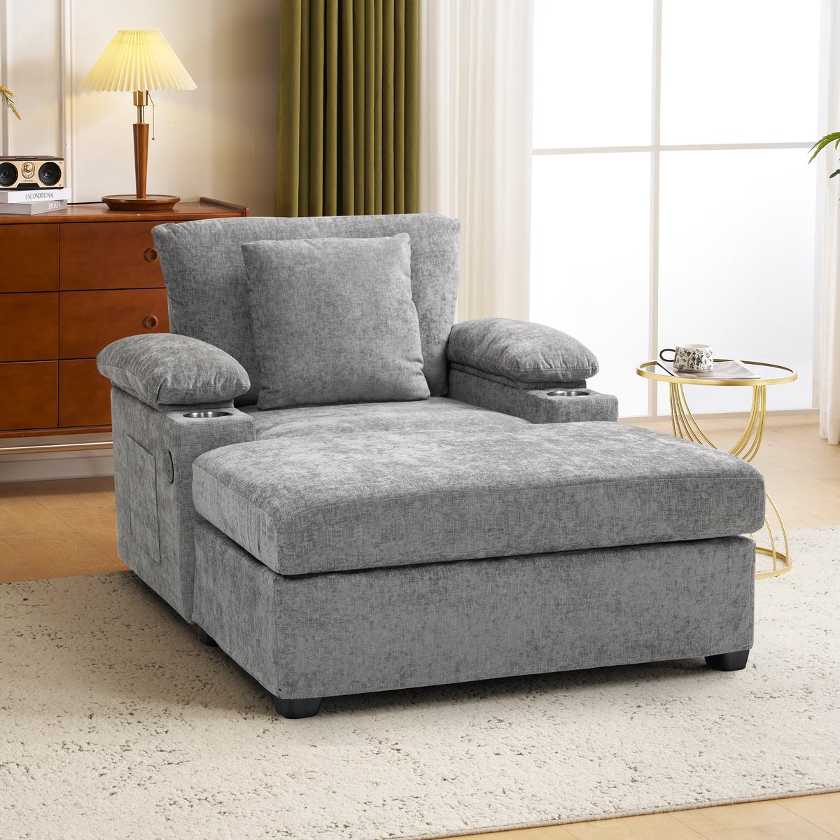 MIVRAY Fauteuil 1 Zits - Ergonomische Chaise Longue Met USB Oplaadfunctie En Bekerhouder - Voor Woonkamer En Bureau - Chenille Grijs