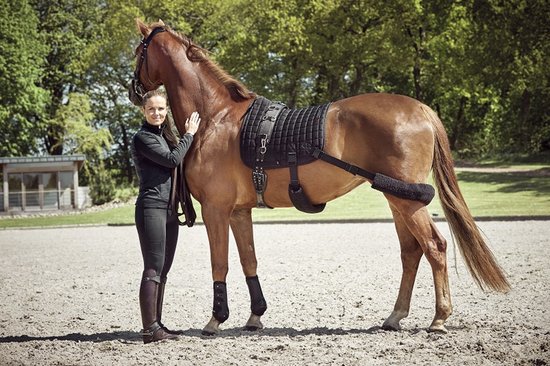 Ruiter in zwarte sportkleding naast een kastanjebruin paard met een zwart Catago Fir-Tech trainingszadeldek.