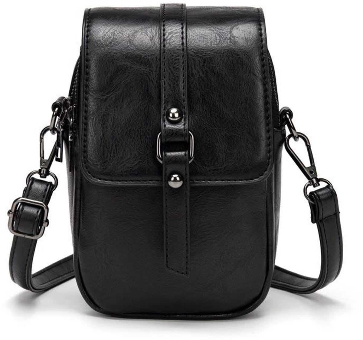 Dames Crossbody Telefoontas – Vintage PU Leren Schoudertas – Mobiele Telefoon Tas met Verstelbare Schouderriem – Compacte Handtas – Zwart
