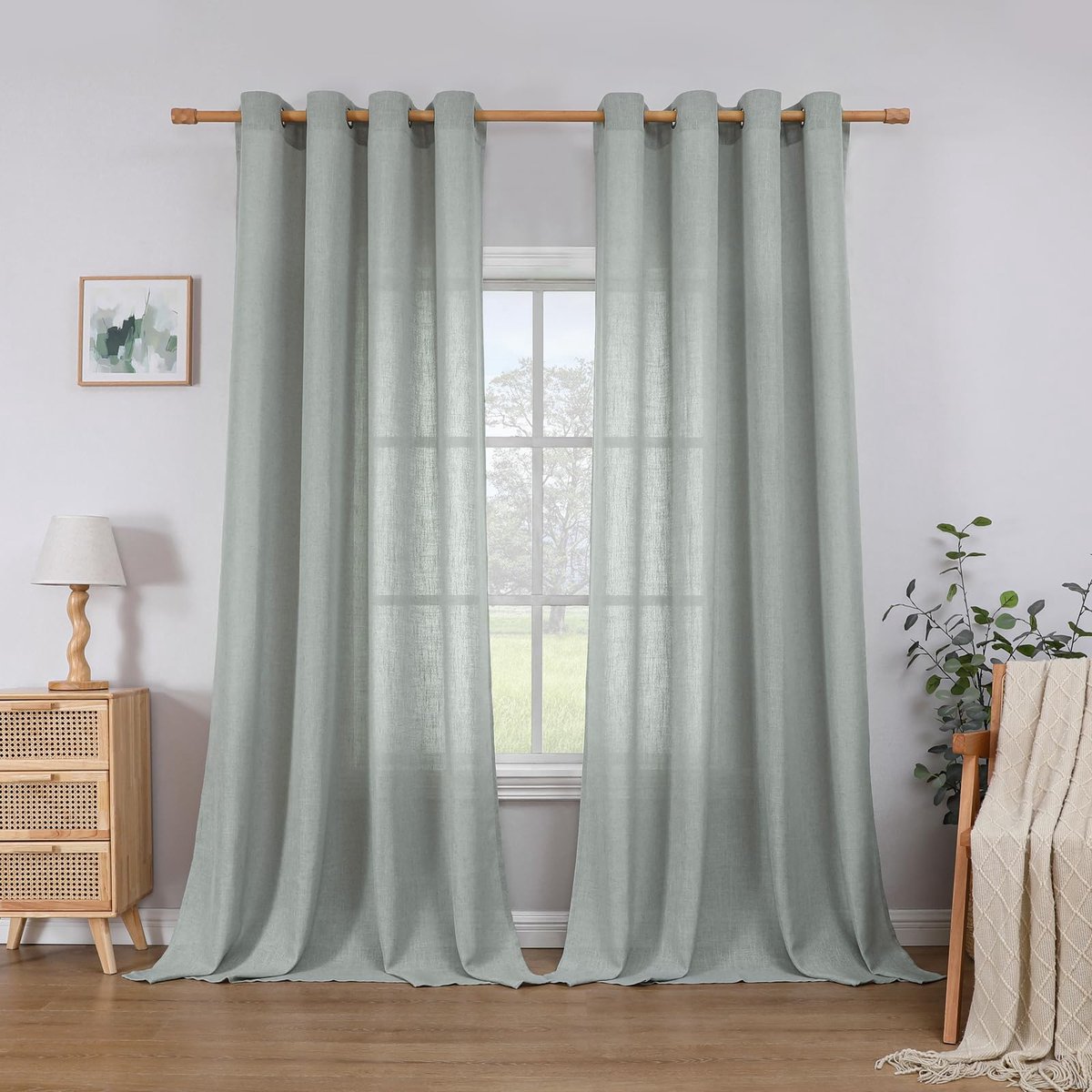Gordijnen met oogjes landhuisstijl voile gordijn half-transparant gordijnen voor slaapkamer kinderkamer woonkamer, H 260 x B 140 cm, set van 2, saliegroen