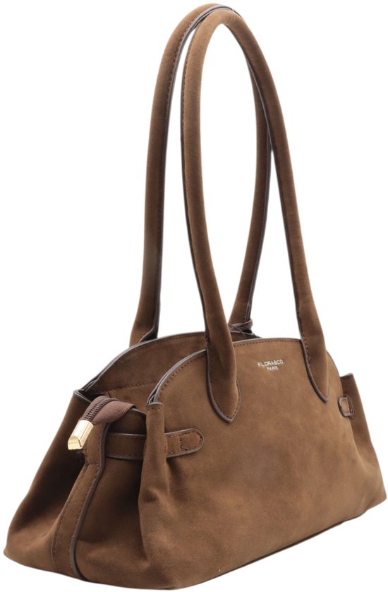 Bruine suède look tas van Flora & Co met bruine hengsels en gouden details.