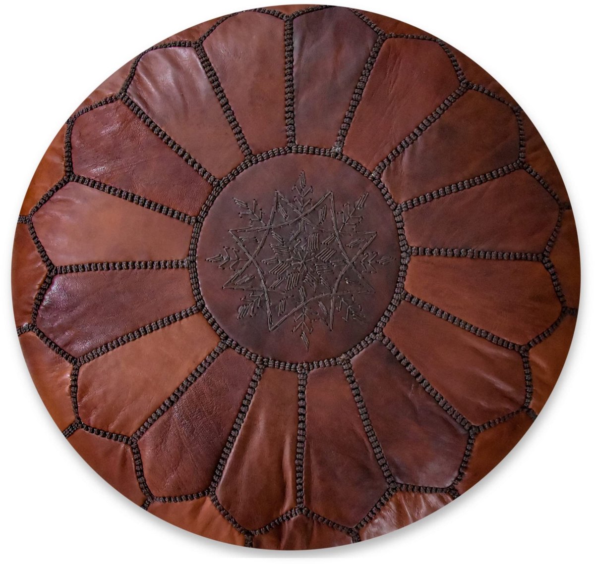 Artisanal Leather Poef - Handgemaakt - Geleverd gevuld - Ottomaans, voetenbank, vloerkussen (Cinnamon)