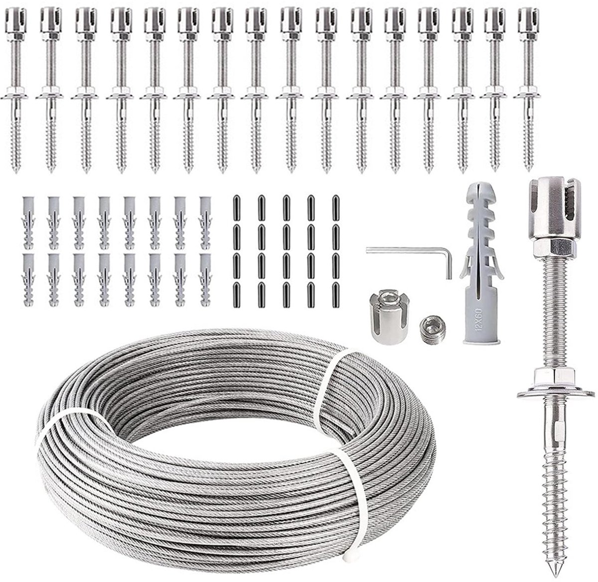 Houder voor klimplanten, palisset voor klimplanten, 30 m, professioneel compleet systeem, inclusief wandhouders en staalkabel van 3 mm (20 houders, 30 meter kabel)