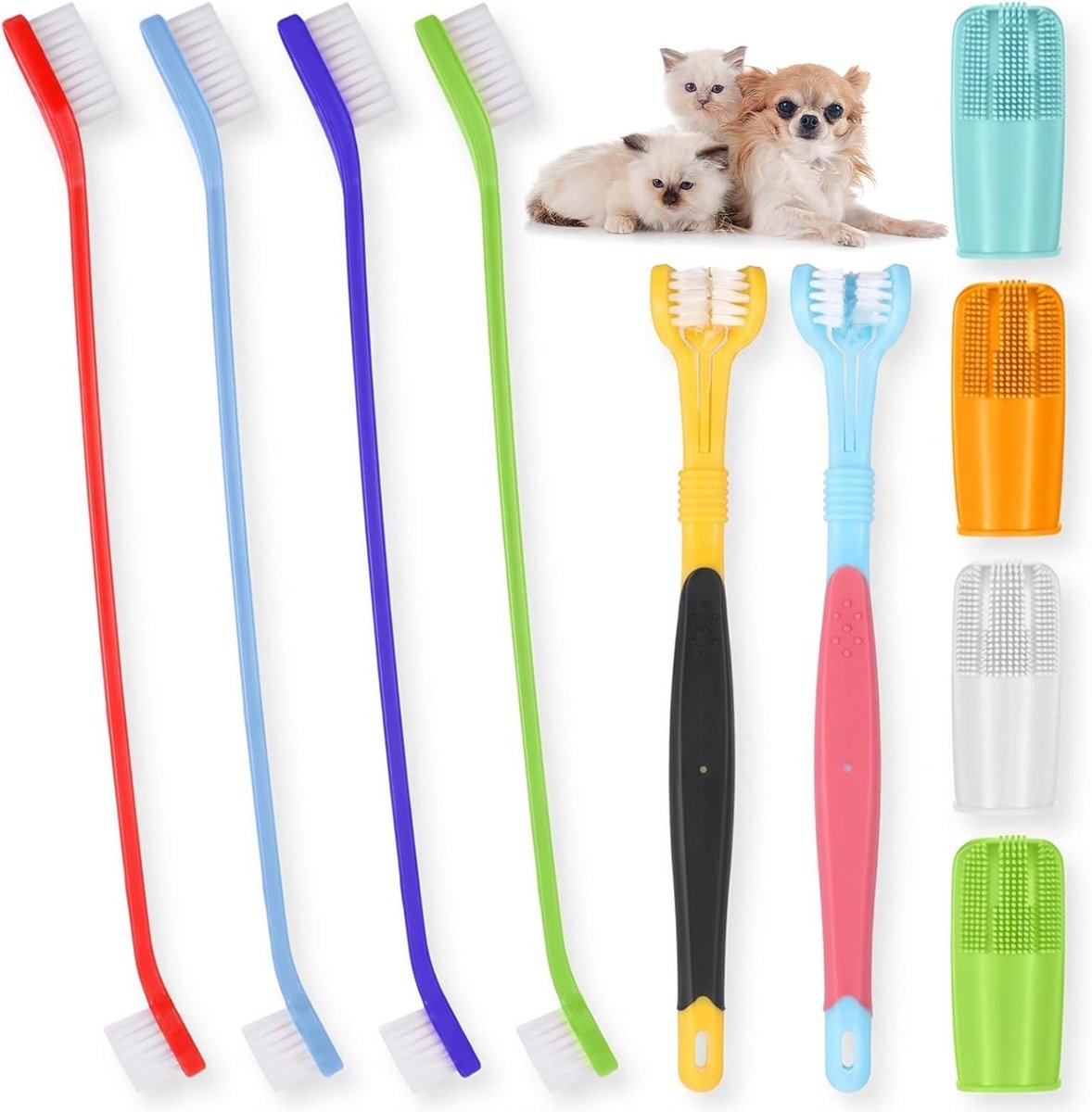 Set van 10 tandenborstels voor honden en katten, 360 graden vingertandenborstels, dubbele en drievoudige kop voor optimale tandreiniging en mondhygiëne