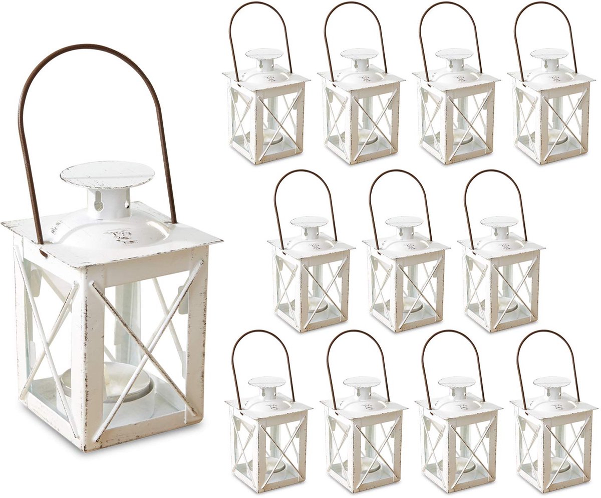 Aspen Decoratieve lantaarns - Set van 12 - Lichtgevende Distressed Metalen Lantaarn Kaarsenhouders voor Bruiloft, Woondecoratie en Feest - 11,4 cm H (16,5 cm H met handvat) - Wit