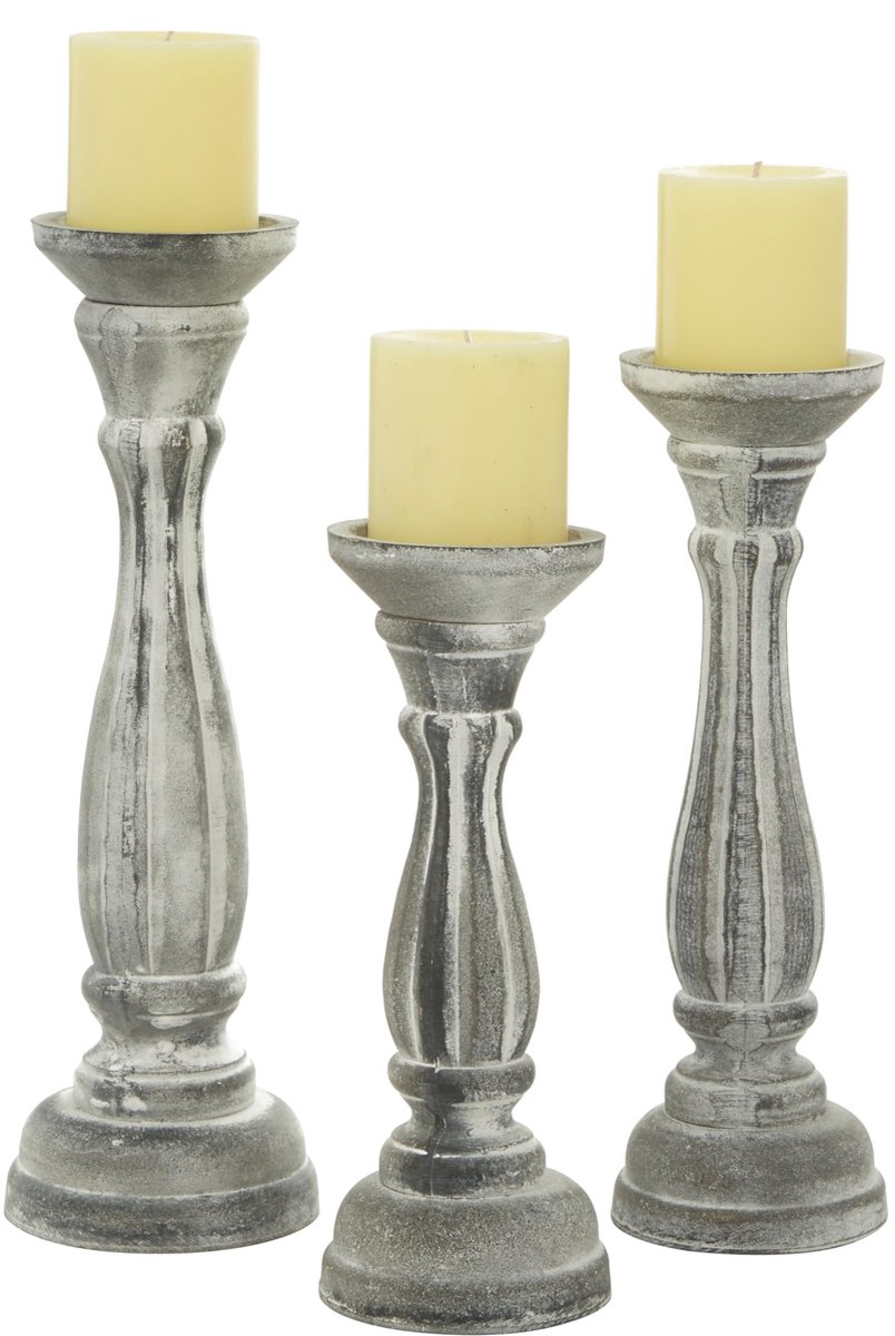 79 Houten decoratieve kaarsenhouder noodlijdende gedraaide kaarsenstandaard, set van 3 kandelaars 15", 13", 11" H, grijs