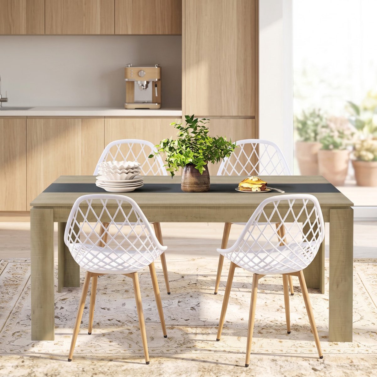EGGREE 4-delige eettafel- en stoelenset; een eettafel- en stoelenset geschikt voor 4 personen - inclusief stoelen; geschikt voor keuken, eetkamer of woonkamer (eettafel 160 x 80 x 75 cm + 4 Witte eetkamerstoelen).
