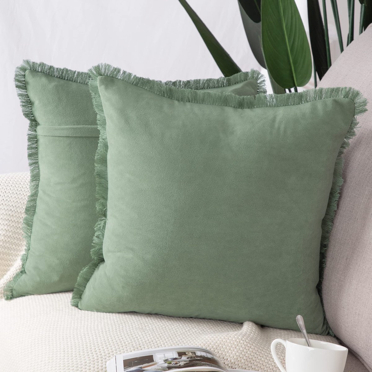 Set van 2 Kort suède kussenslopen zacht decoratief kussenhoes voor sofa slaapkamer kussensloop 65x65 cm Lichtgroen