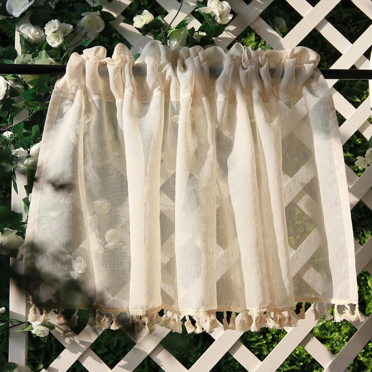shop Boho beige vitrage vintage halftransparant bistrogordijn keuken korte gordijnen boho gordijnen kwasten raamsjaal half transparant voor keuken woonkamer landhuis h 40 x b 100 cm
