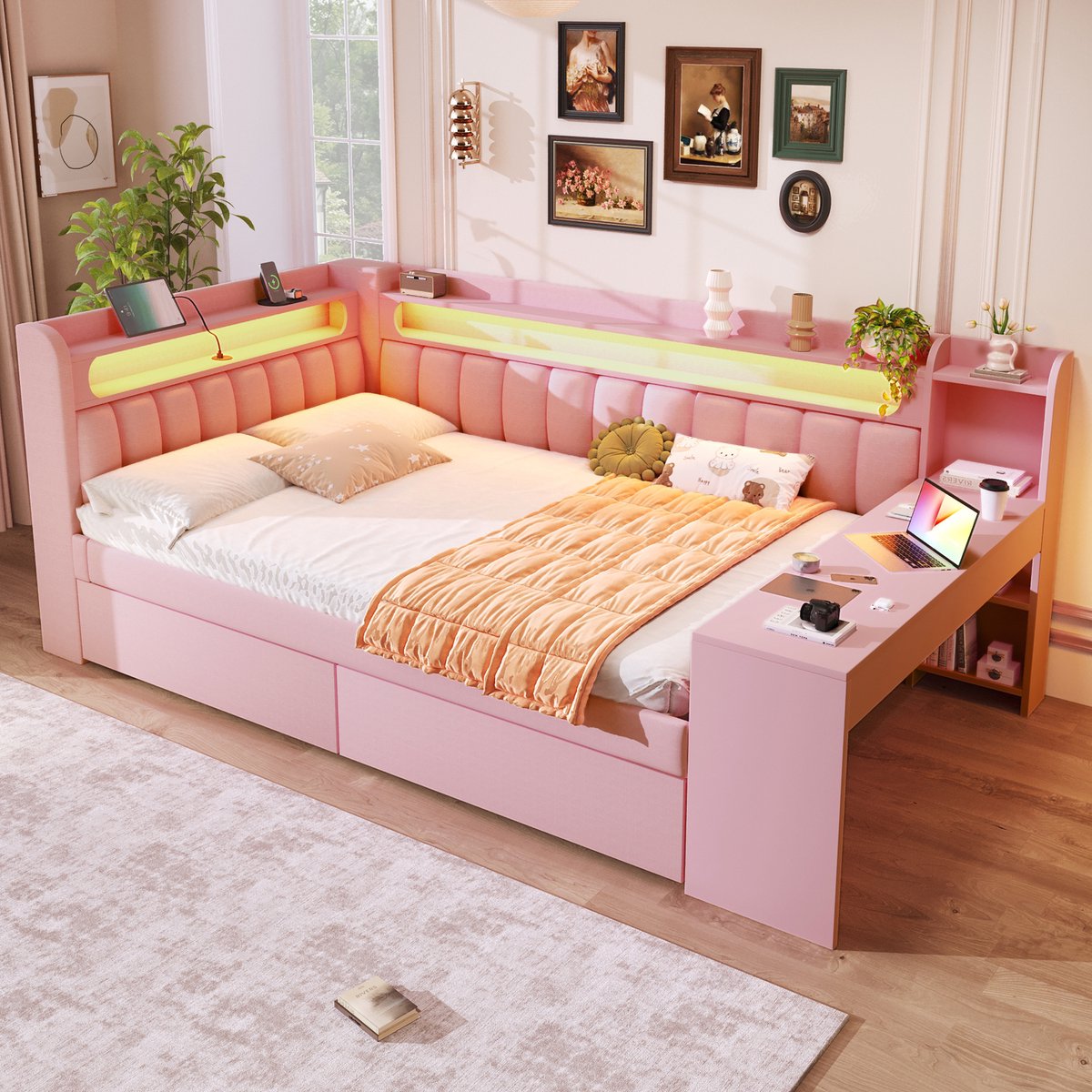 Slaapbank 140x200 cm - Gestoffeerd bed 140x200 cm - Tweepersoonsbed 140x200 cm - Met LED verlichting - USB aansluiting - 2 lade - Roze