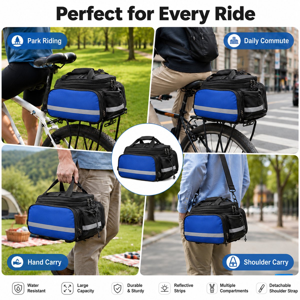 Waterdichte Fietstas Achterop Fiets – 27L Uitbreidbare Bagagedragertas – Touring Fietstas voor Lange Afstand – Met Regenhoes en Reflecterende Details – Blauw – 1 Stuk — cadeau in Sport & Outdoor - foto 5