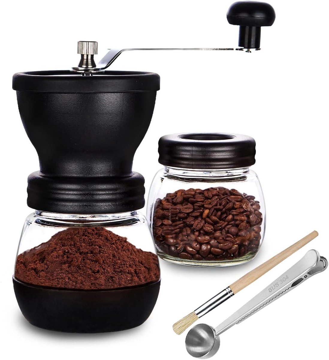 Handmatige koffiemolen - Koffie maler - Verse koffie zetten - Keramische braam - 2 potten 22 oz - Transparant
