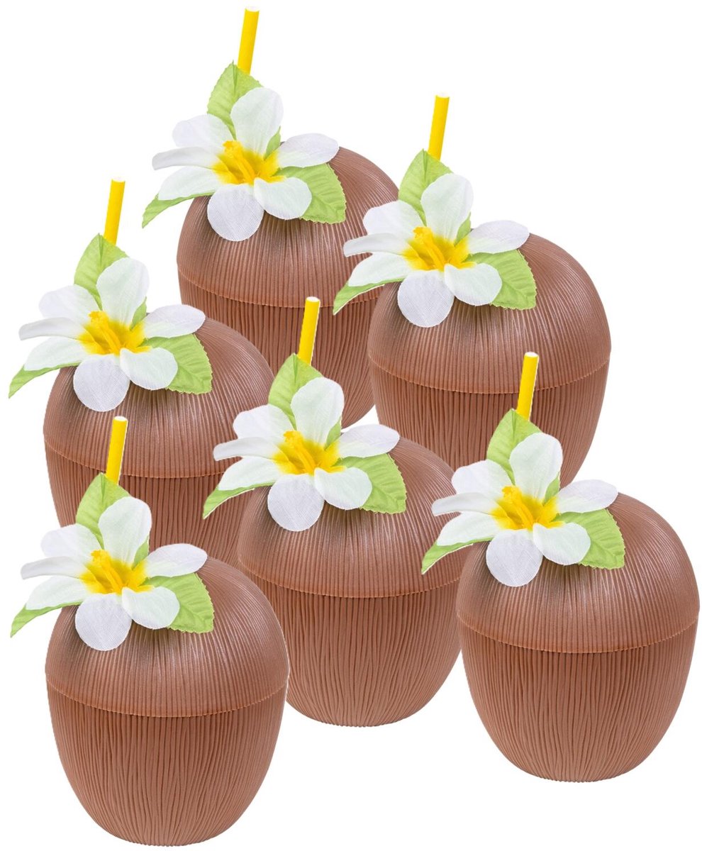 Boland Kokosnoot drinkbeker - 6x - hawaii thema - met rietje - 12 x 16 cm - 400 ml - Tropisch feest accessoires