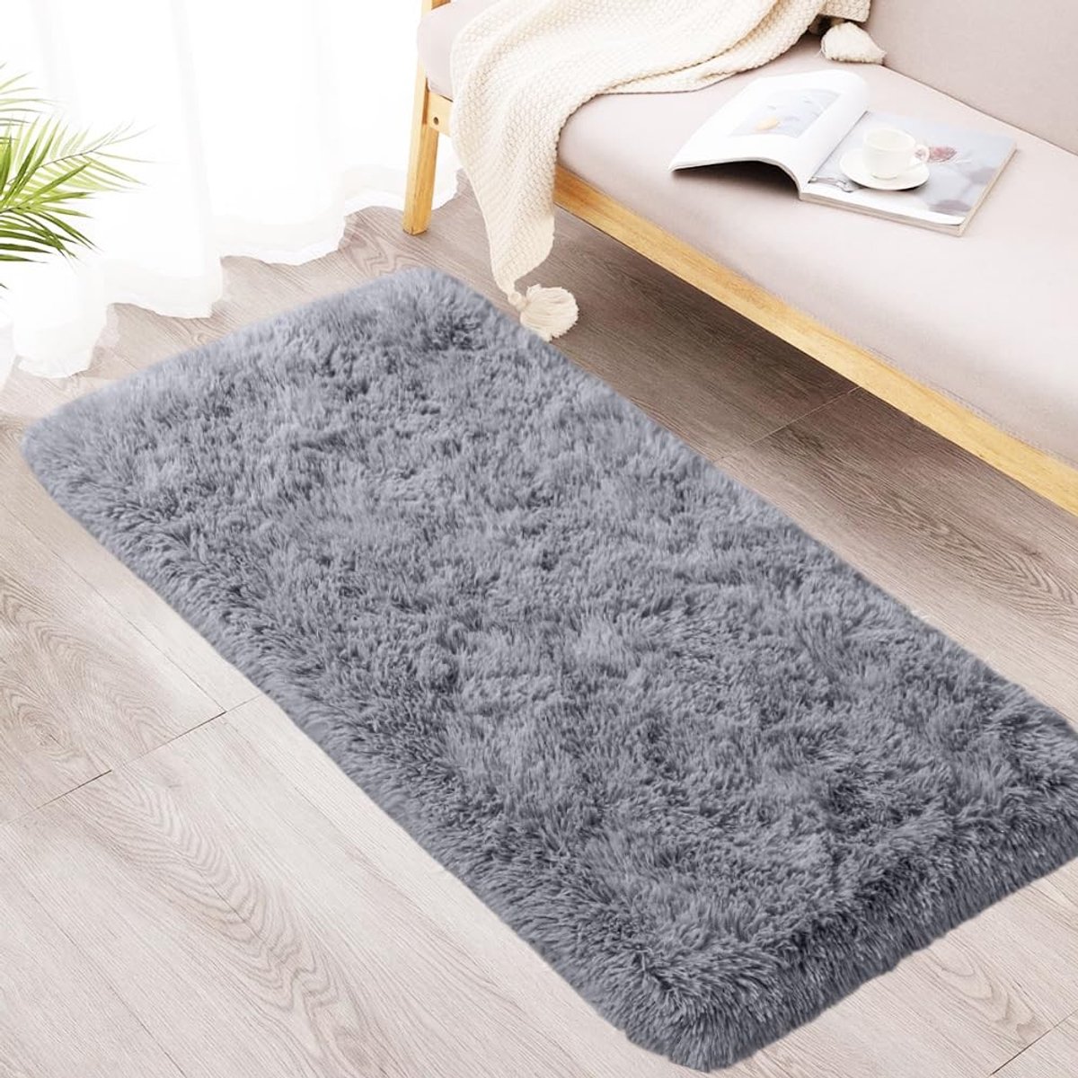 Dailygoods - pluizig hoogpolig tapijt grijs, wasbaar tapijt 80 x 160 cm, tapijt woonkamer, tapijten slaapkamer antislip, moderne tapijten mat, bedmat zacht voor kinderkamer