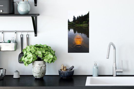 Une grande carpe koï orange nage dans un étang avec des arbres en arrière-plan.
