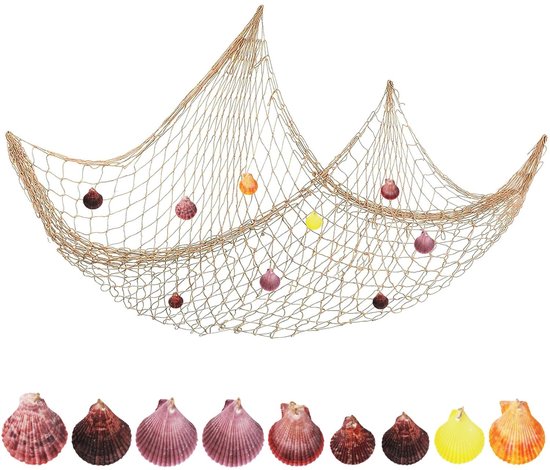 Dailygoods- Visnet decoratief - Wanddecoratie - Maritieme decoratie - Mediterrane stijl - Natuurlijke kleur - Handgemaakt met schelpen