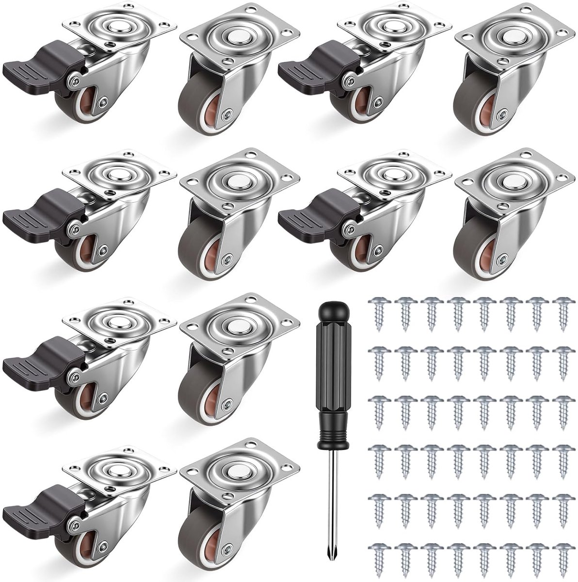 12 stuks meubelwielen, kleine meubelrollen, 25 mm zware wielen klein, zwenkwielen met rem, wielen voor meubels, rubberen wielen met 48 schroeven, 1 schroevendraaier (6 met rem, 6 zonder)