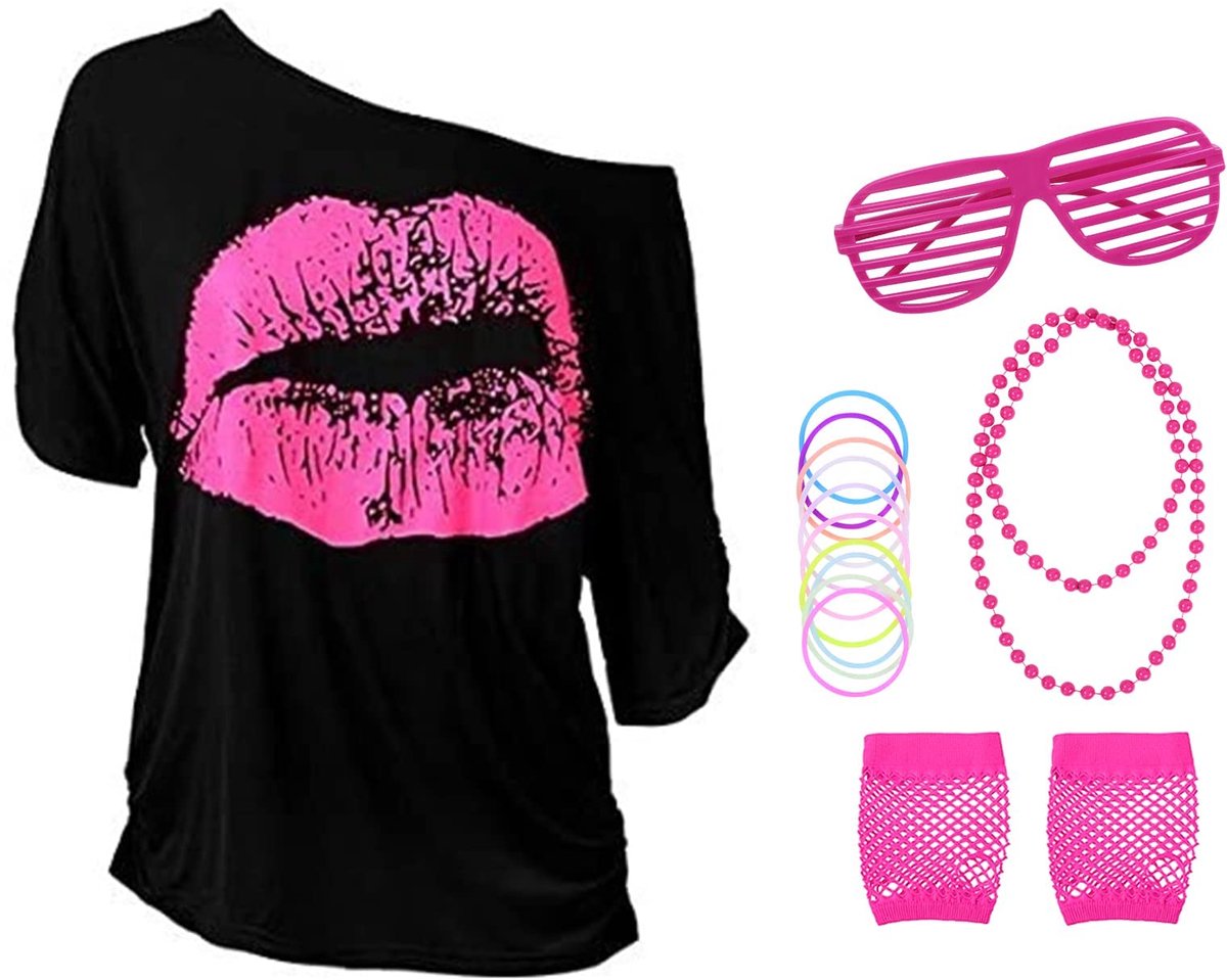 Jaren 80 Kostuum Accessoires Set, 5PCS T-Shirt Hoofdband Oorbel Ketting Bril, Jaren 80 Kostuums Accessoires voor Vrouwen Meisjes Volwassenen 80s Themafeest Mardi Gras