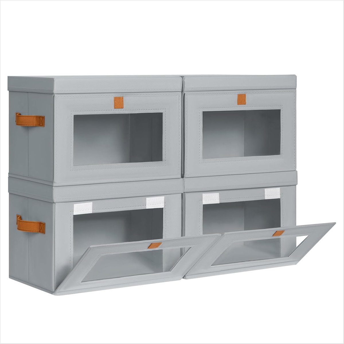 Opbergdozen met deksel, set van 4 opbergmanden, stof, opvouwbare opbergdoos met transparant kijkvenster, 35 x 25 x 25 cm, vouwdoos voor kleding, kubusrek, grijs
