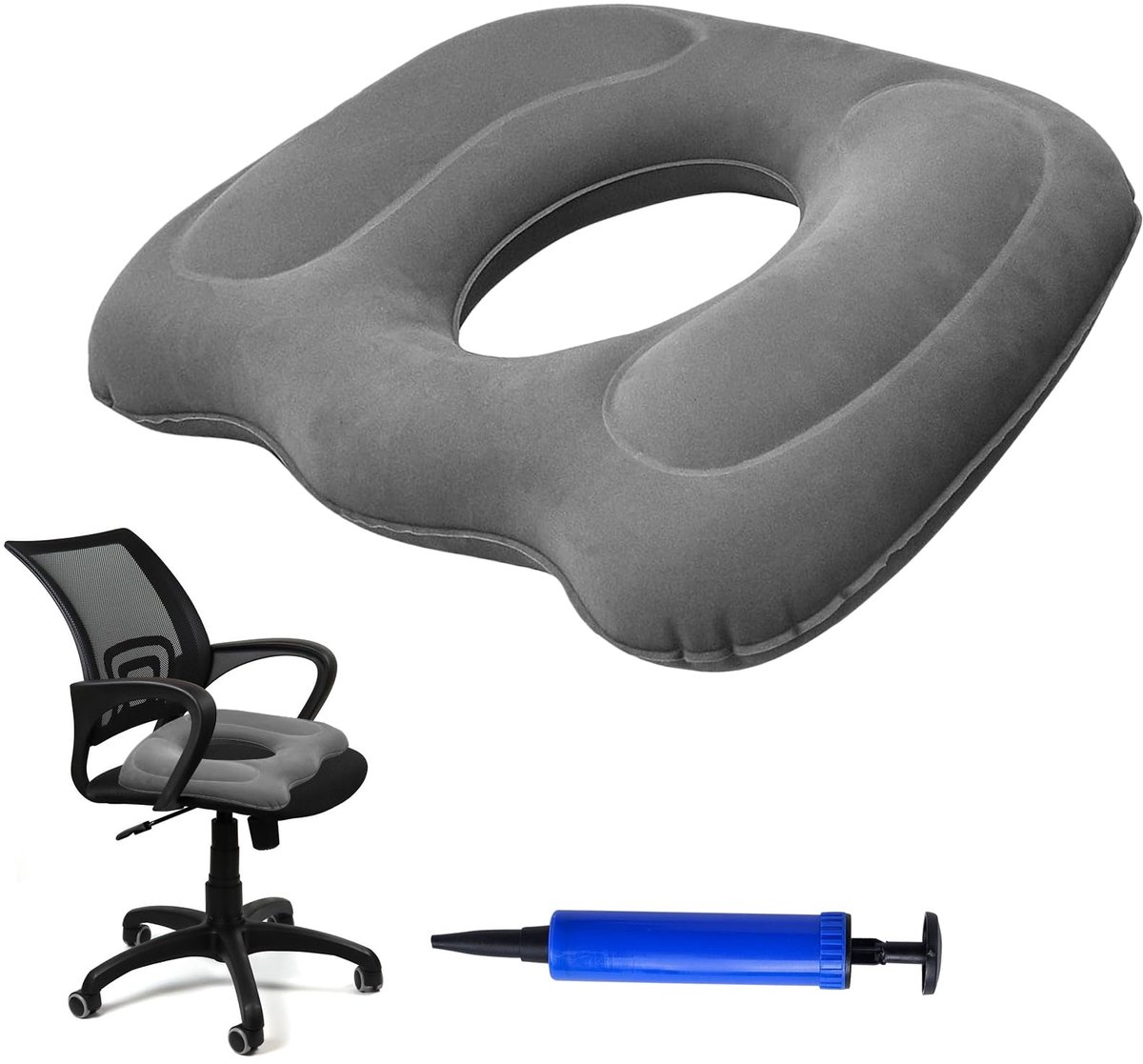 Zitkussen, opblaasbaar donutkussen met pomp, opblaasbaar kussen in de vorm van een donut voor kantoor, voor lang zitten, zacht, grijs